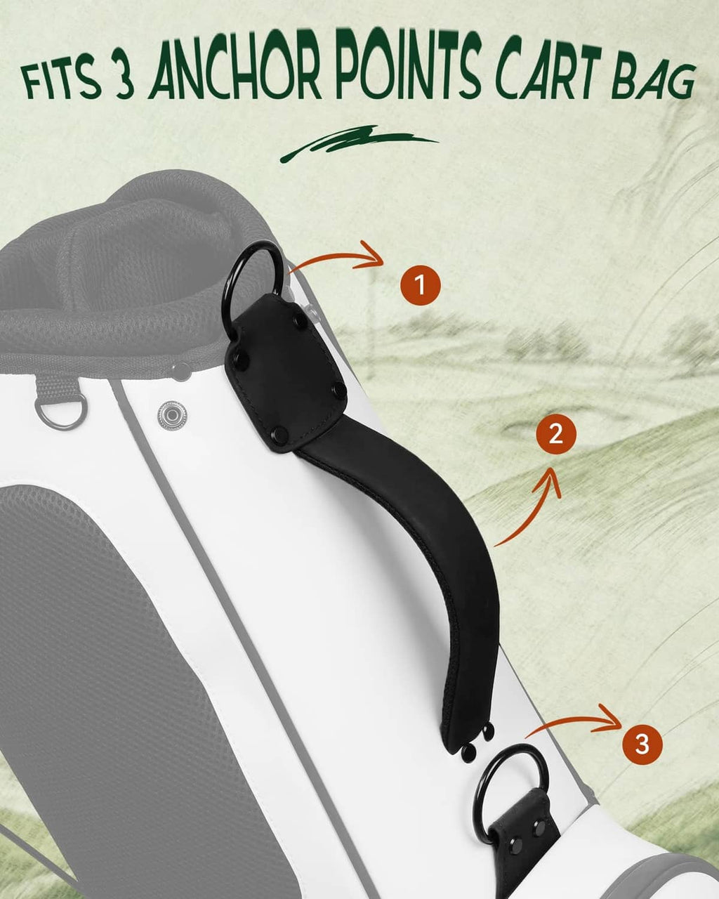 Black swivel strap connector with padded double shoulder strap for golf cart bag