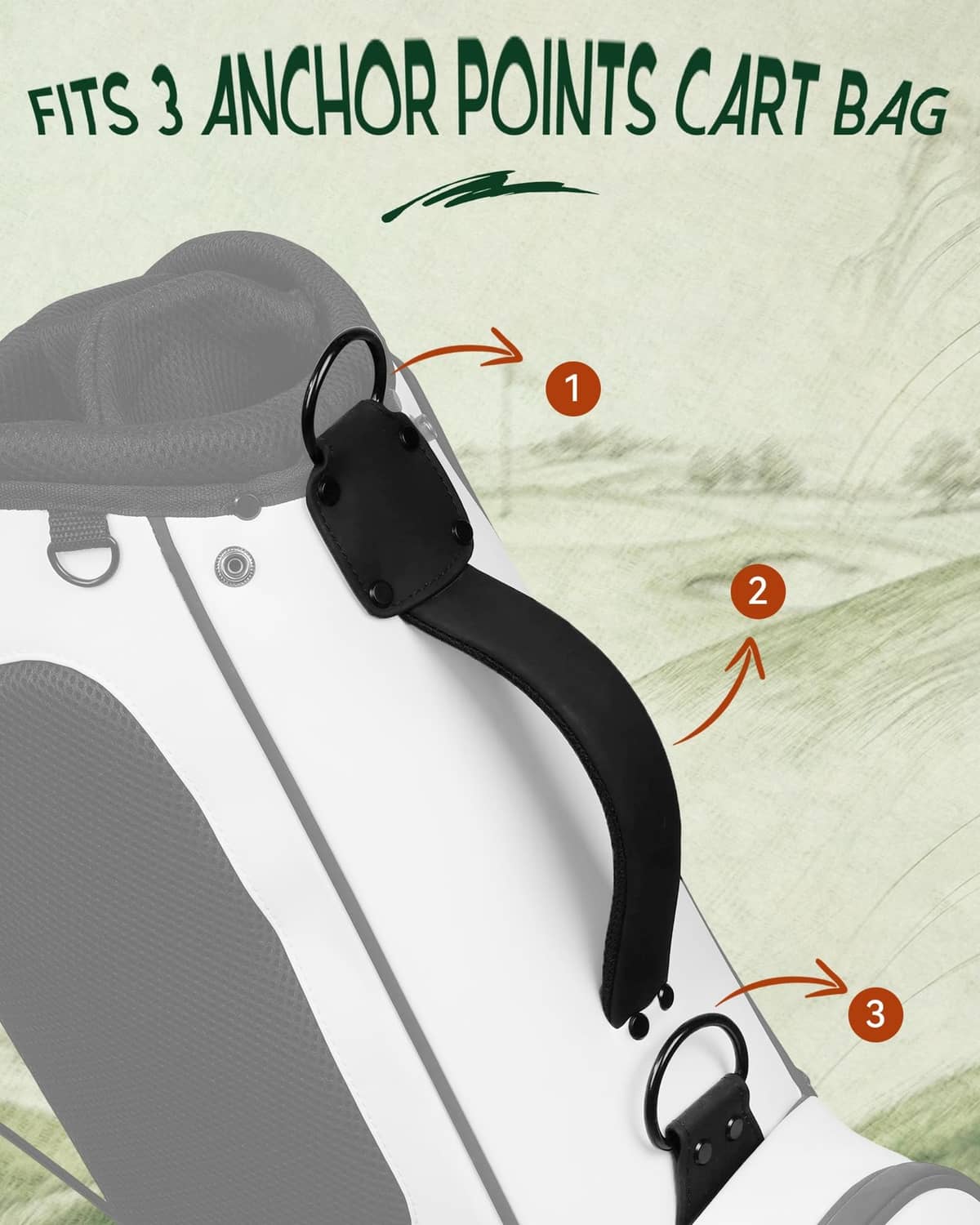 Black swivel strap connector with padded double shoulder strap for golf cart bag