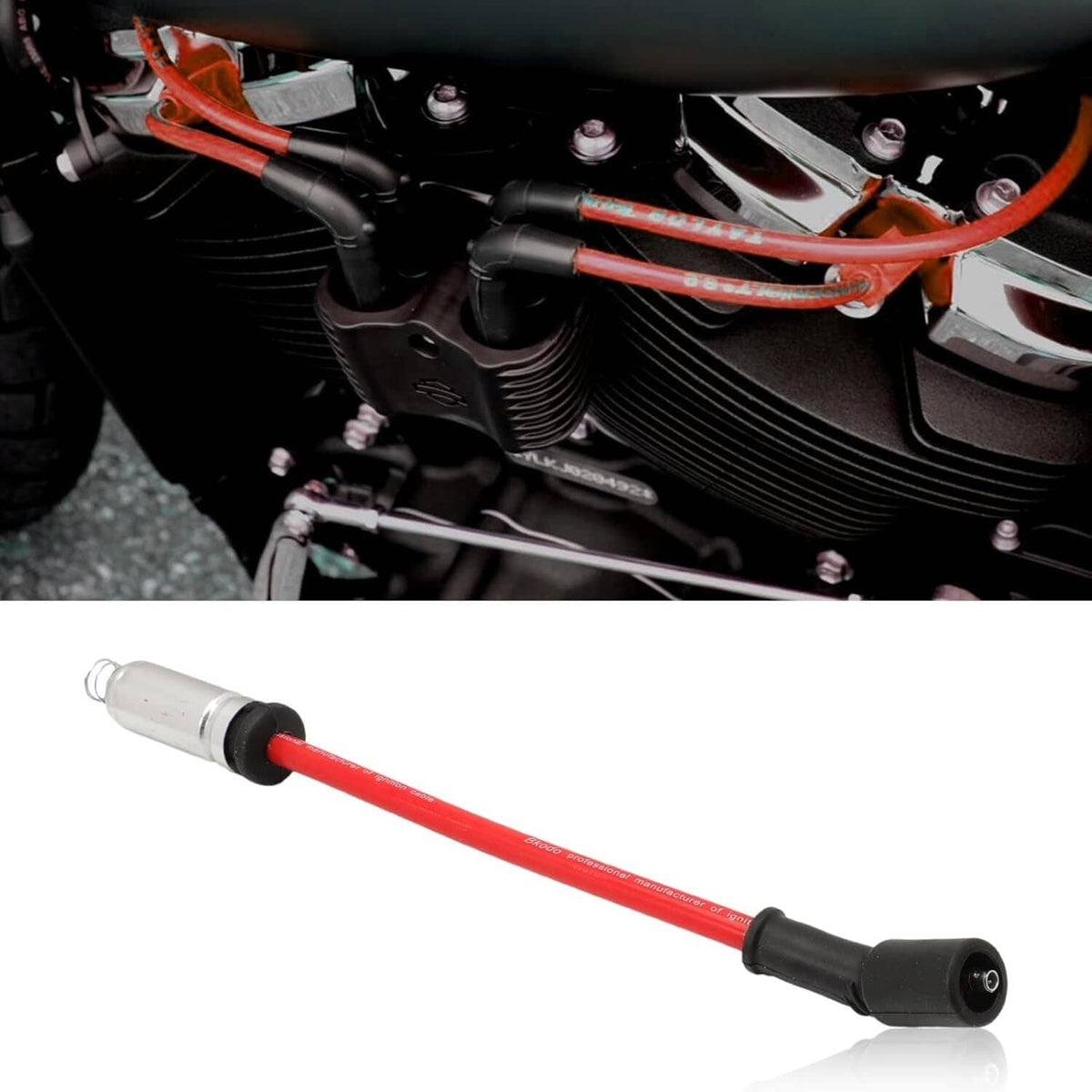 Red spark plug wires with black boots shown as a set and single wire