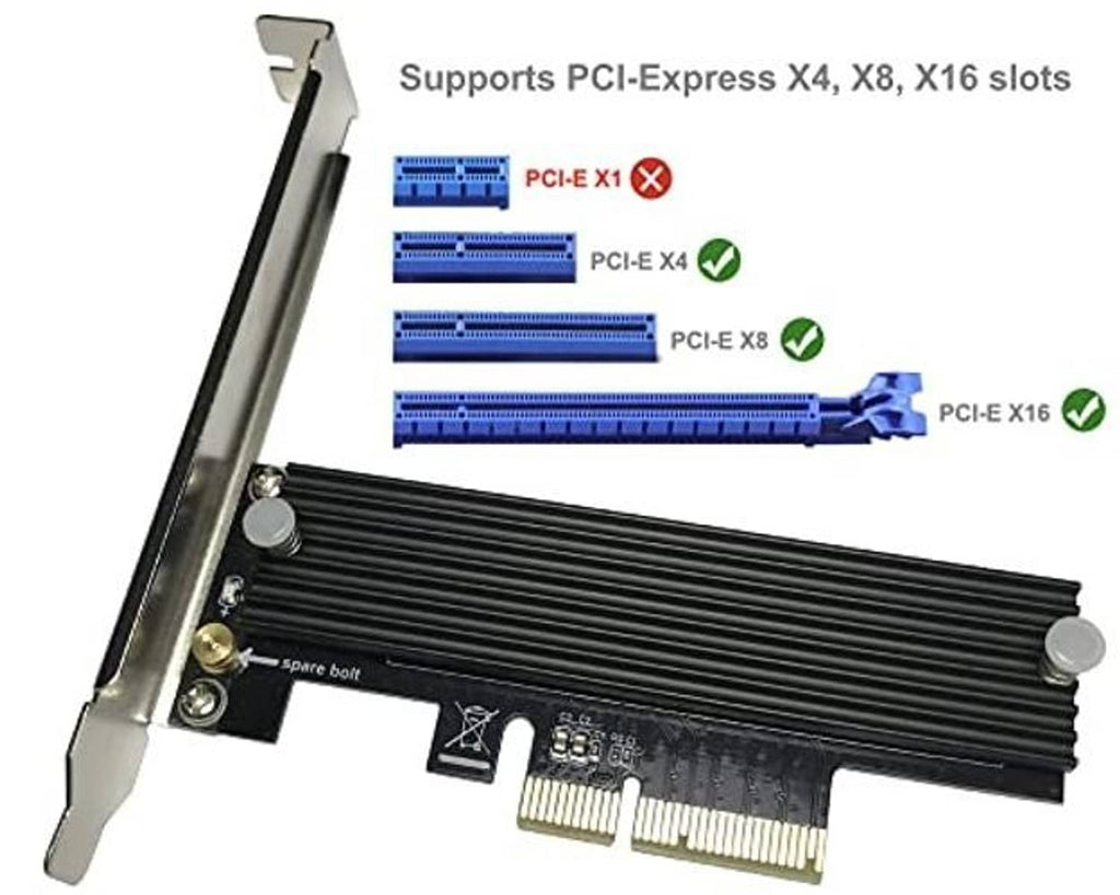 M.2 NVMe to PCIe x4 adapter card with black heatsink and PCIe X4/X8/X16 slot support