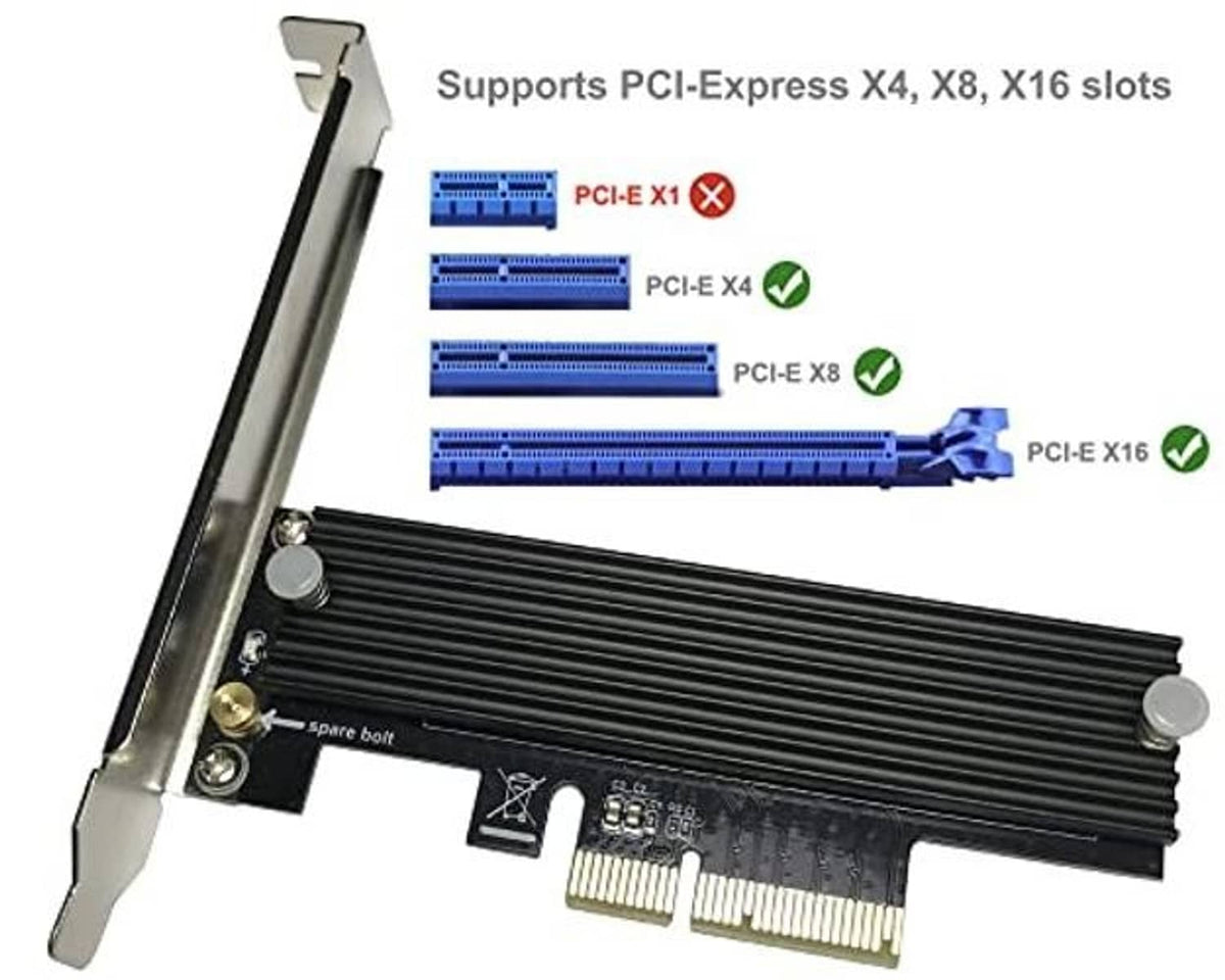 M.2 NVMe to PCIe x4 adapter card with black heatsink and PCIe X4/X8/X16 slot support