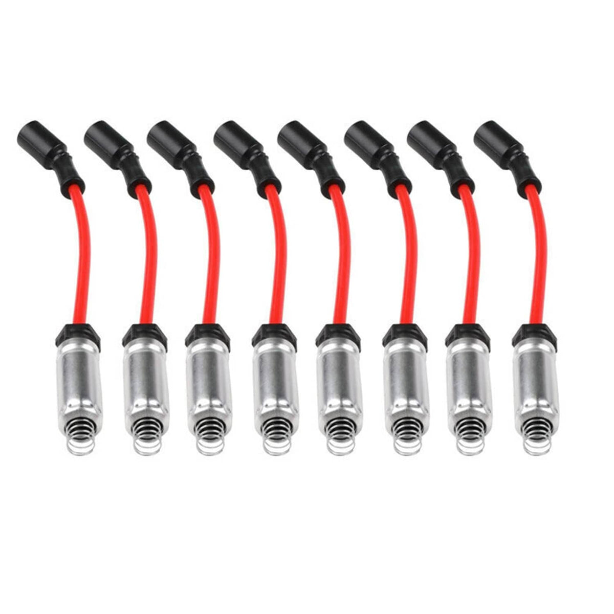 Set of eight spark plug wire cables with red insulation and silver threaded ends