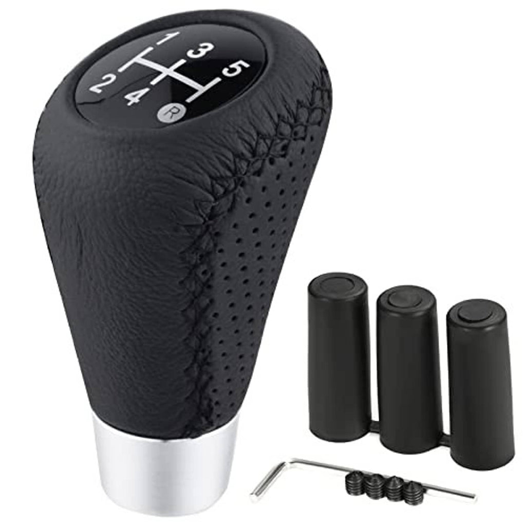 Black leather shift knob with silver base, plus black mounting sleeves and Allen key