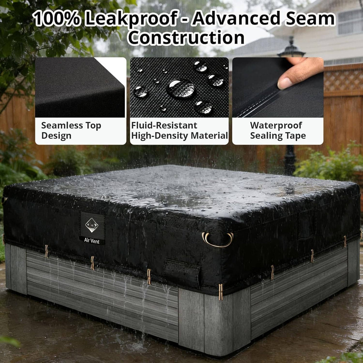 Waterproof hot tub cover protector with black top, gray sides, taped seams, air vent