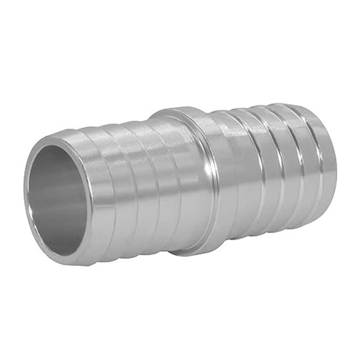Silver metal hose barb splice coupler reducer, side view of ridged sleeve