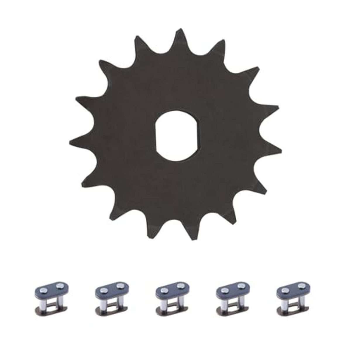 Black 15T motor sprocket gear with five metal chain master links and bolts