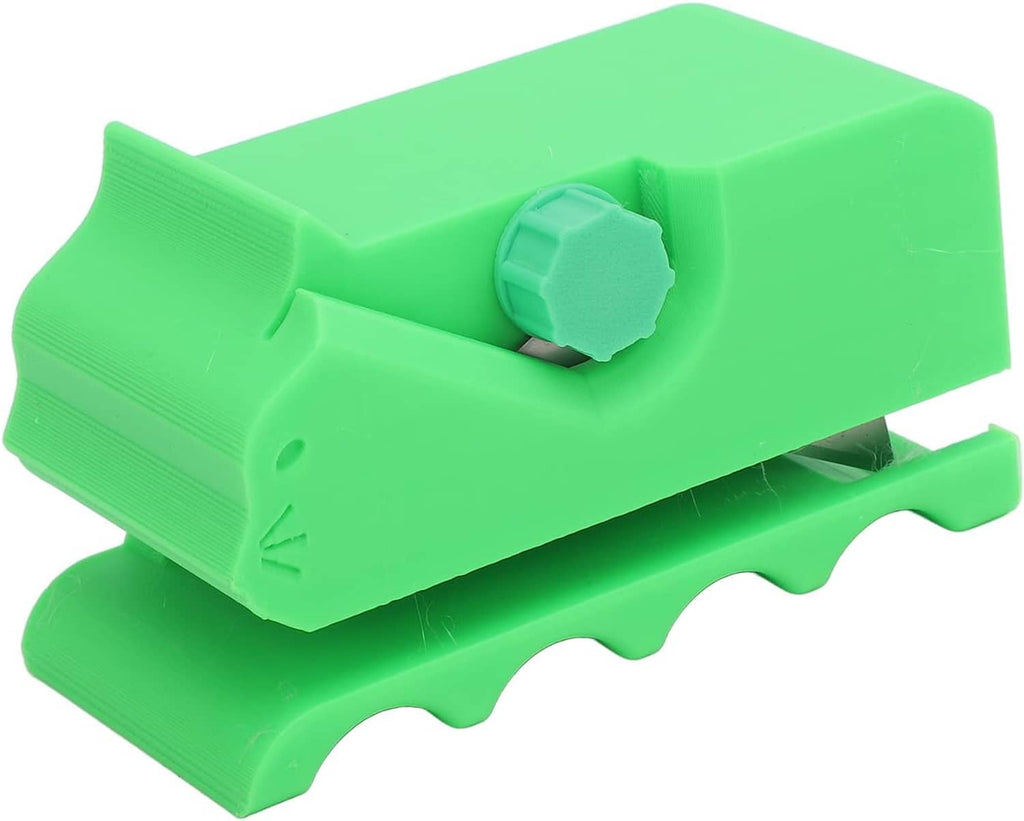 Green adjustable cardboard cutter with blade track and scalloped base edge