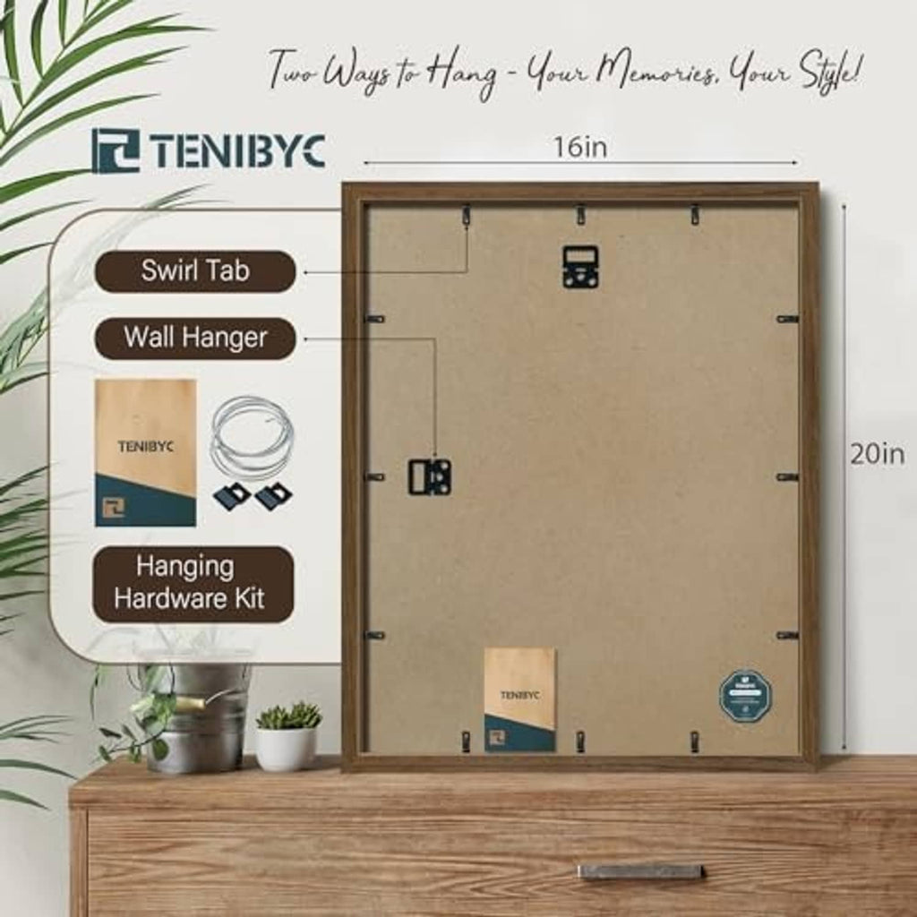 Brown woodgrain 16x20 picture frame backboard with hanging tabs and hardware