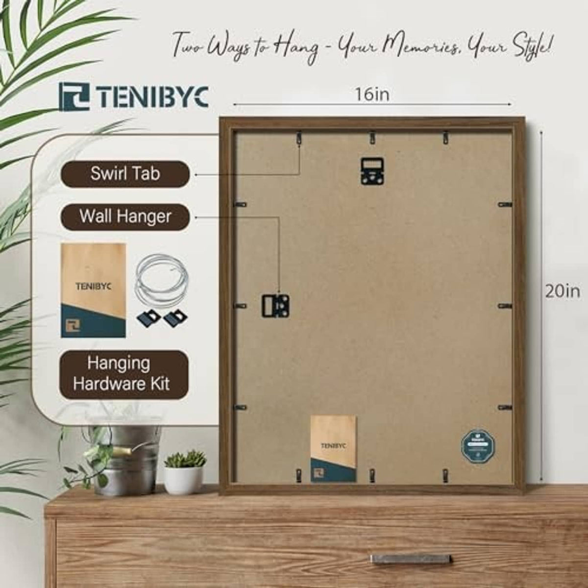 Brown woodgrain 16x20 picture frame backboard with hanging tabs and hardware