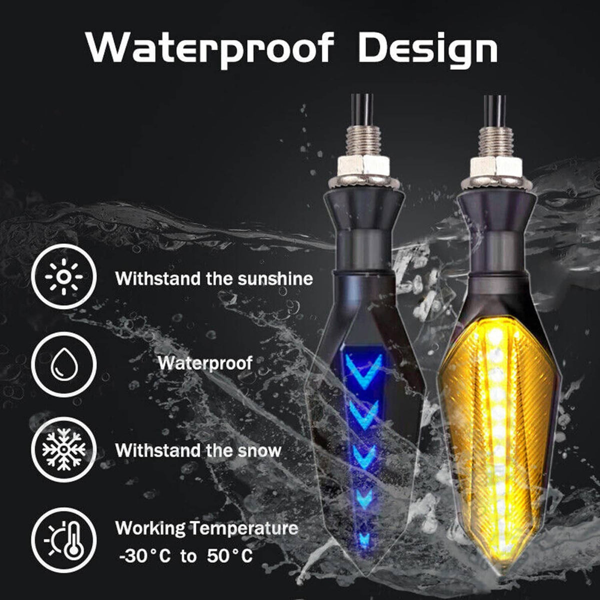 Waterproof amber LED turn signal indicators with black housings and blue accent LEDs