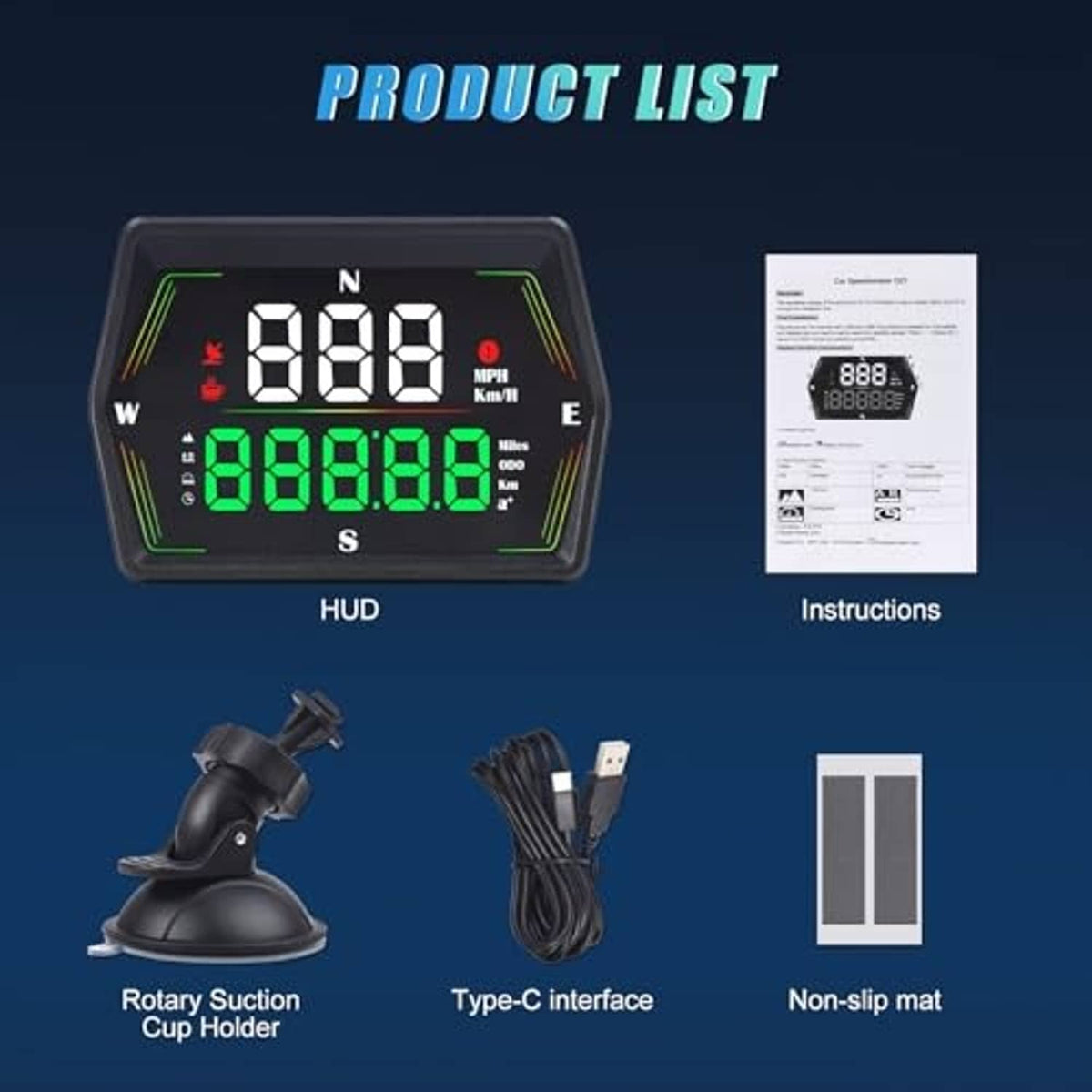 HUD speedometer kit graphic with device, suction holder, Type-C cable, and mat