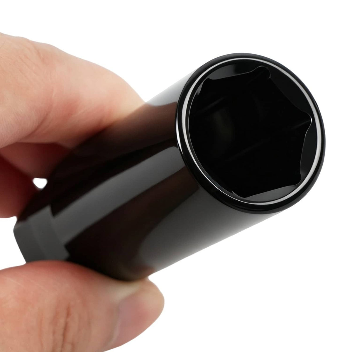 Single black extended wheel lug nut with open socket end