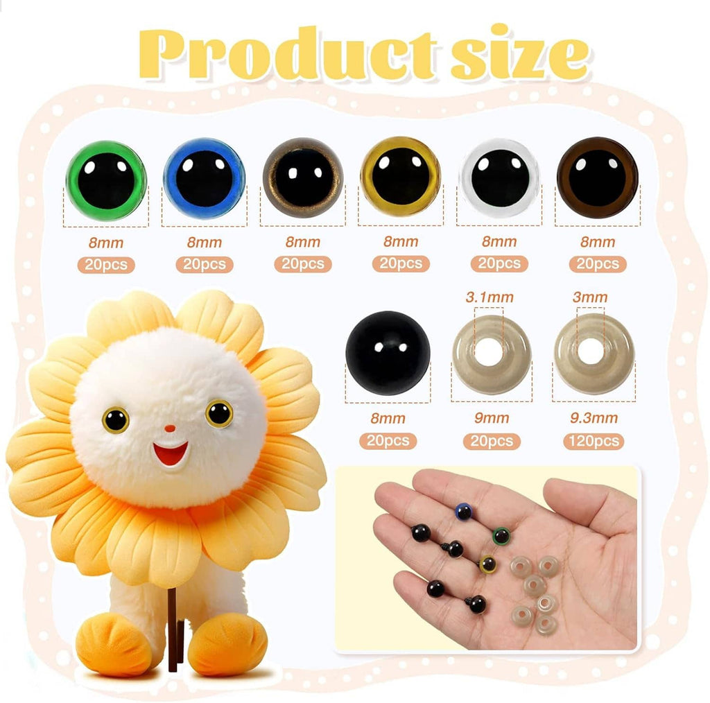 8mm plastic safety eyes set with assorted colors and included washer backs