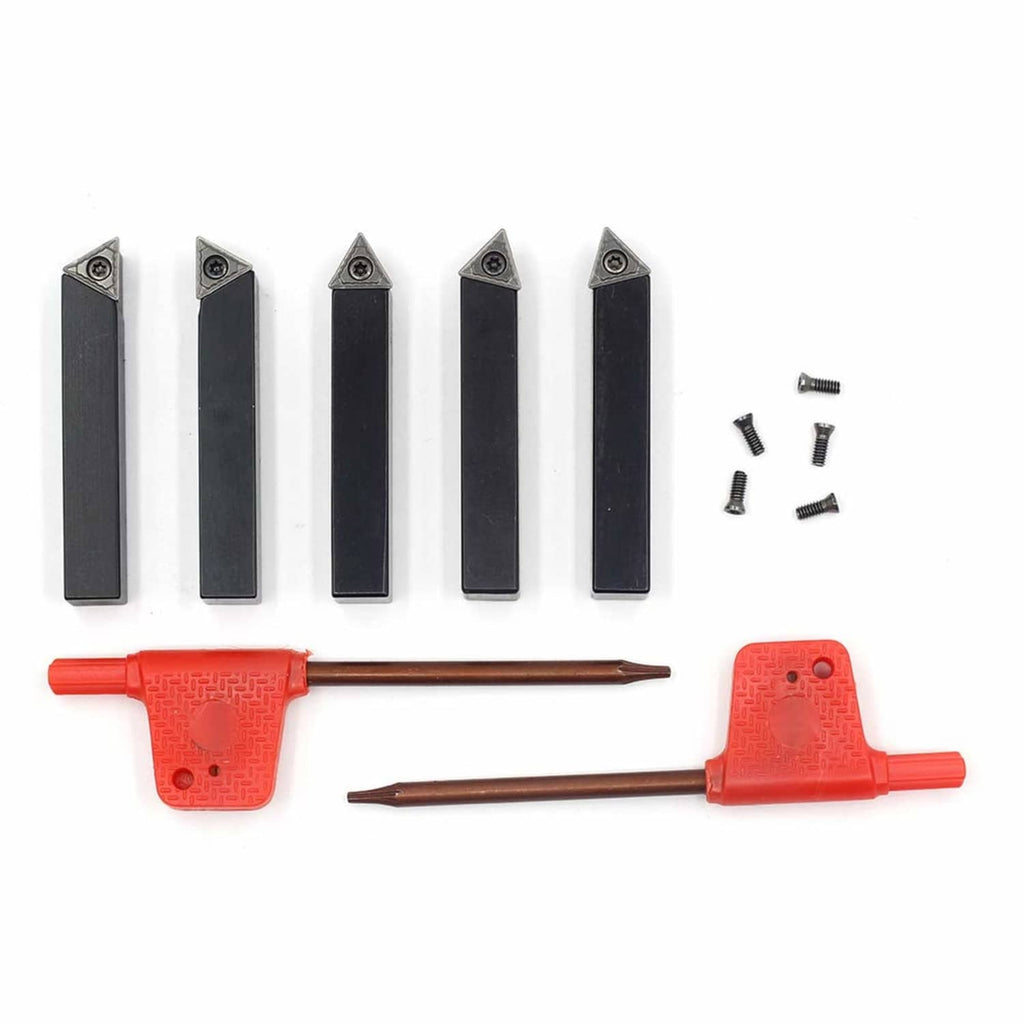 Black 5/16-inch indexable lathe tool holders with two red handle tools and screws