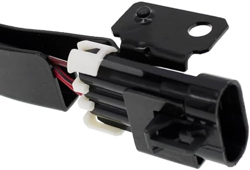 Cam position sensor connector with black housing, terminal pins, and mounting plate.