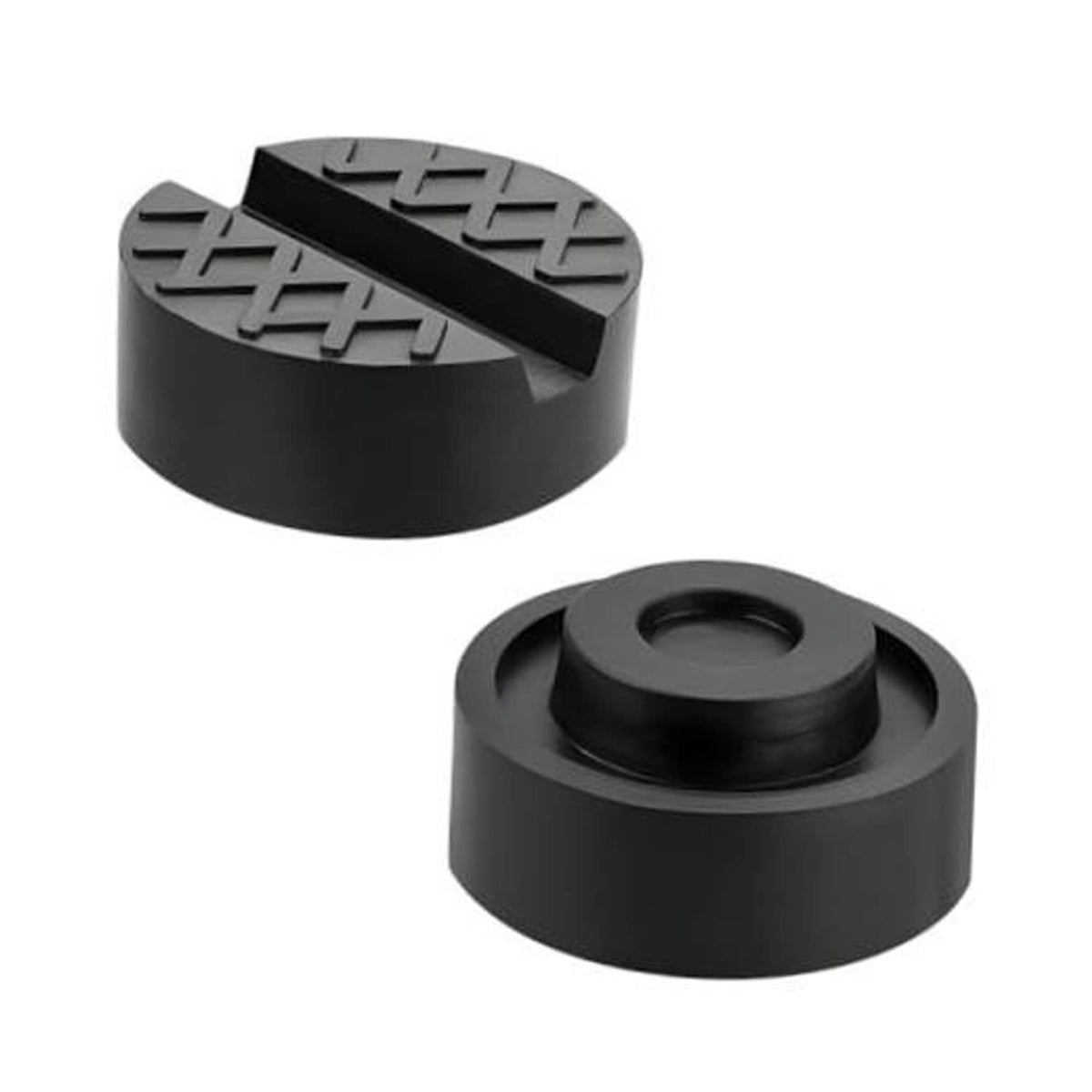 Pair of black rubber jack pads with textured grip channels and cross pattern.