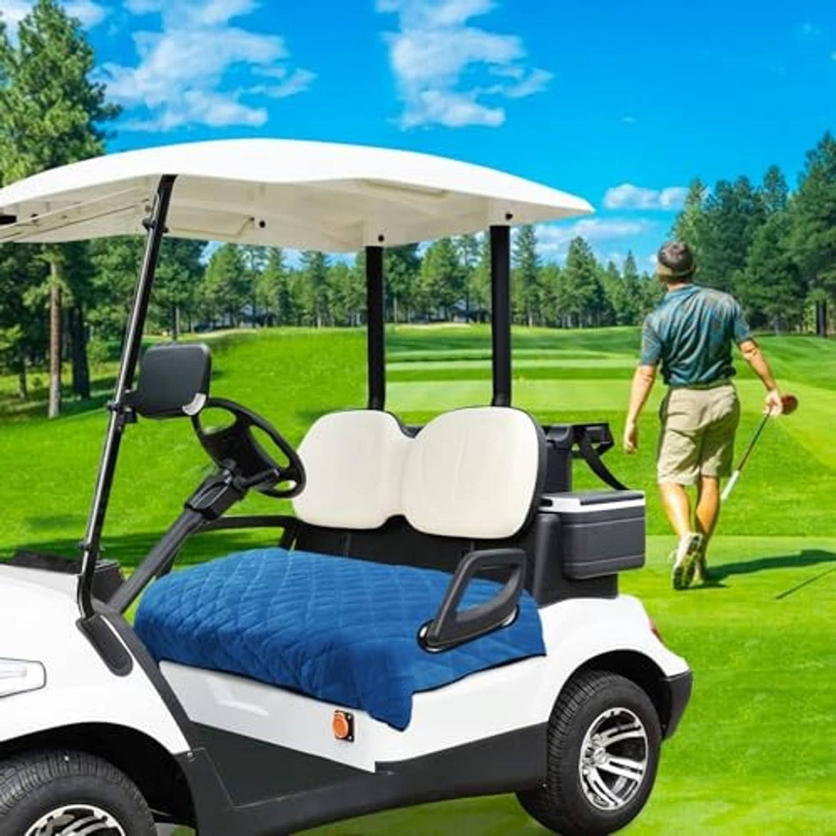 Blue seat cover blanket on golf cart bench with white headrest pad