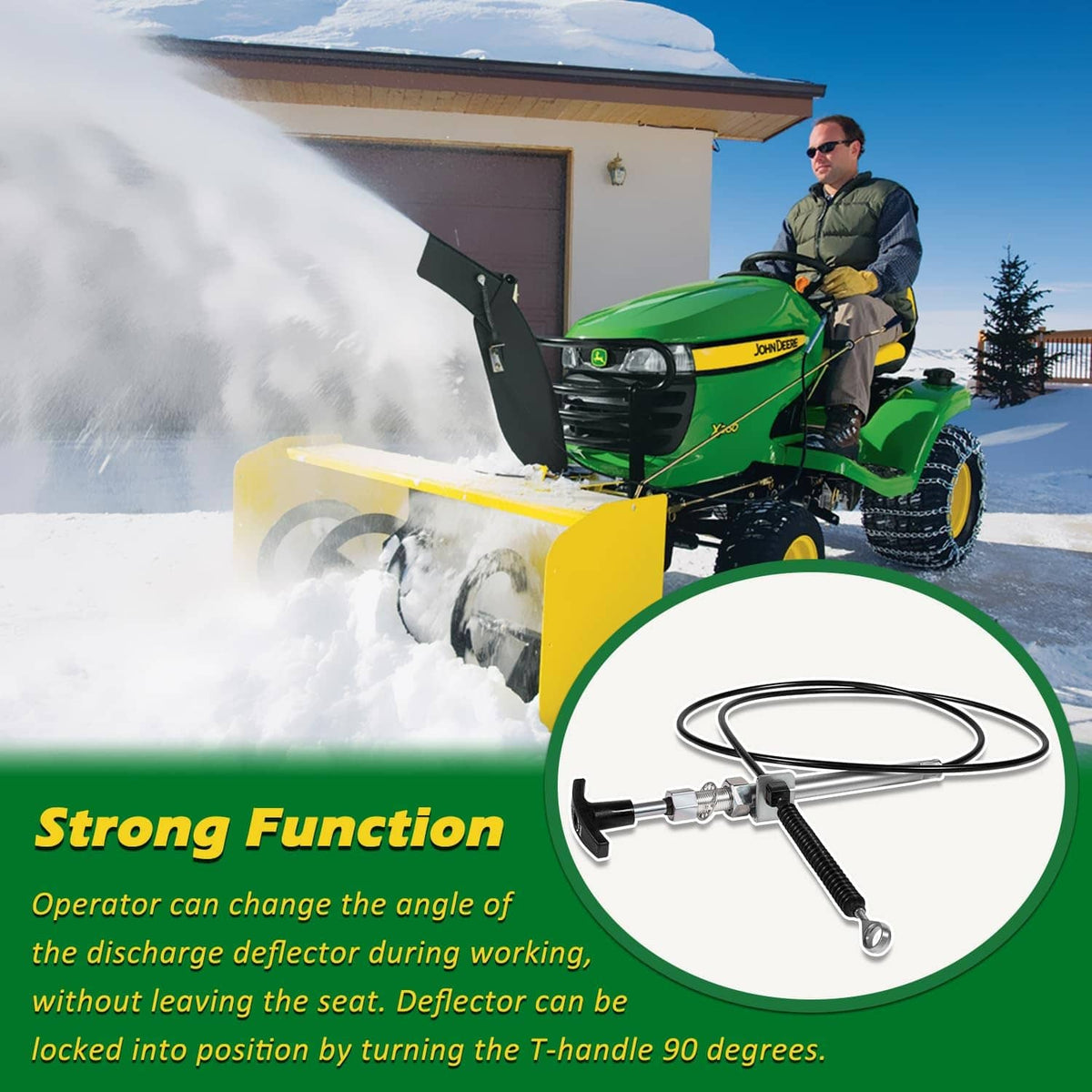 Spout control input cable with black spring and metal tube, illustrated with equipment