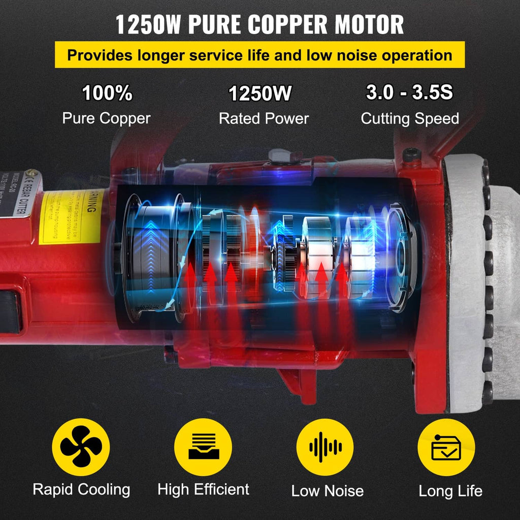 Red electric rebar cutter motor housing with clear view of internal components