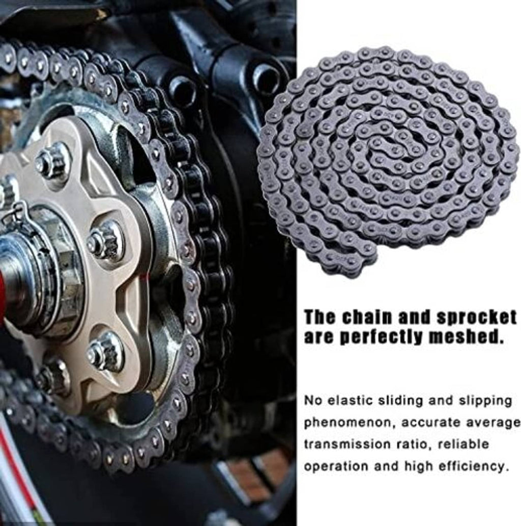 Black roller chain loop next to motorcycle sprocket and hub assembly