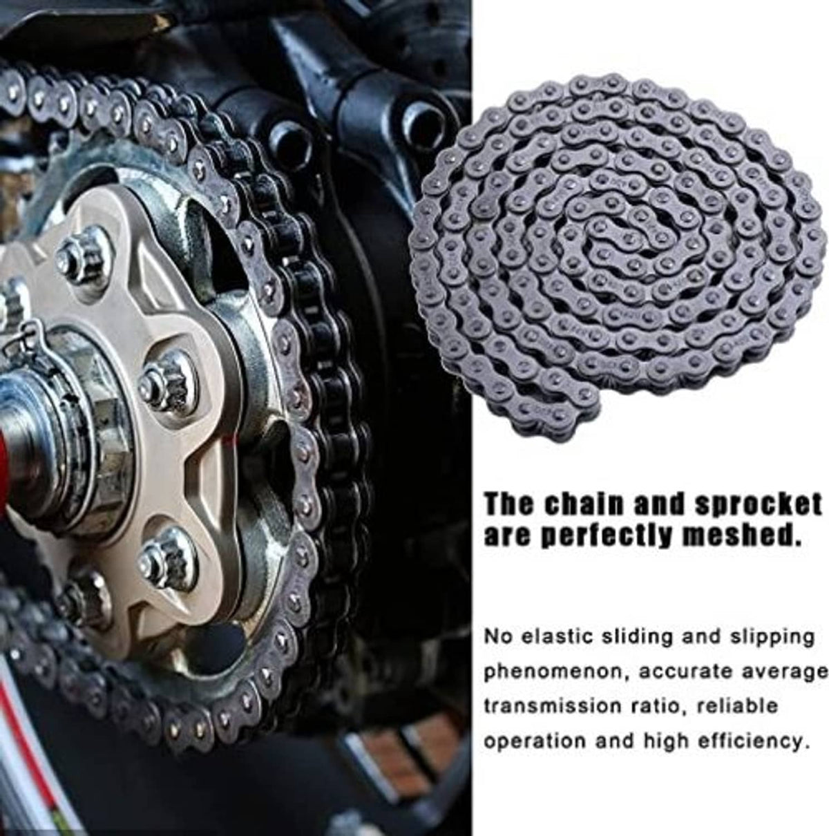 Black roller chain loop next to motorcycle sprocket and hub assembly