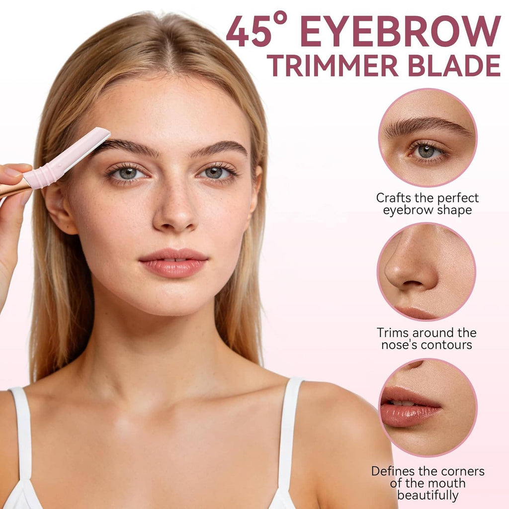 Pink eyebrow and face razor with white trimmer blade on a reusable handle