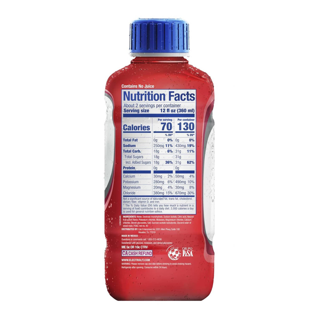 Electrolyte fruit punch bottle back panel with Nutrition Facts table