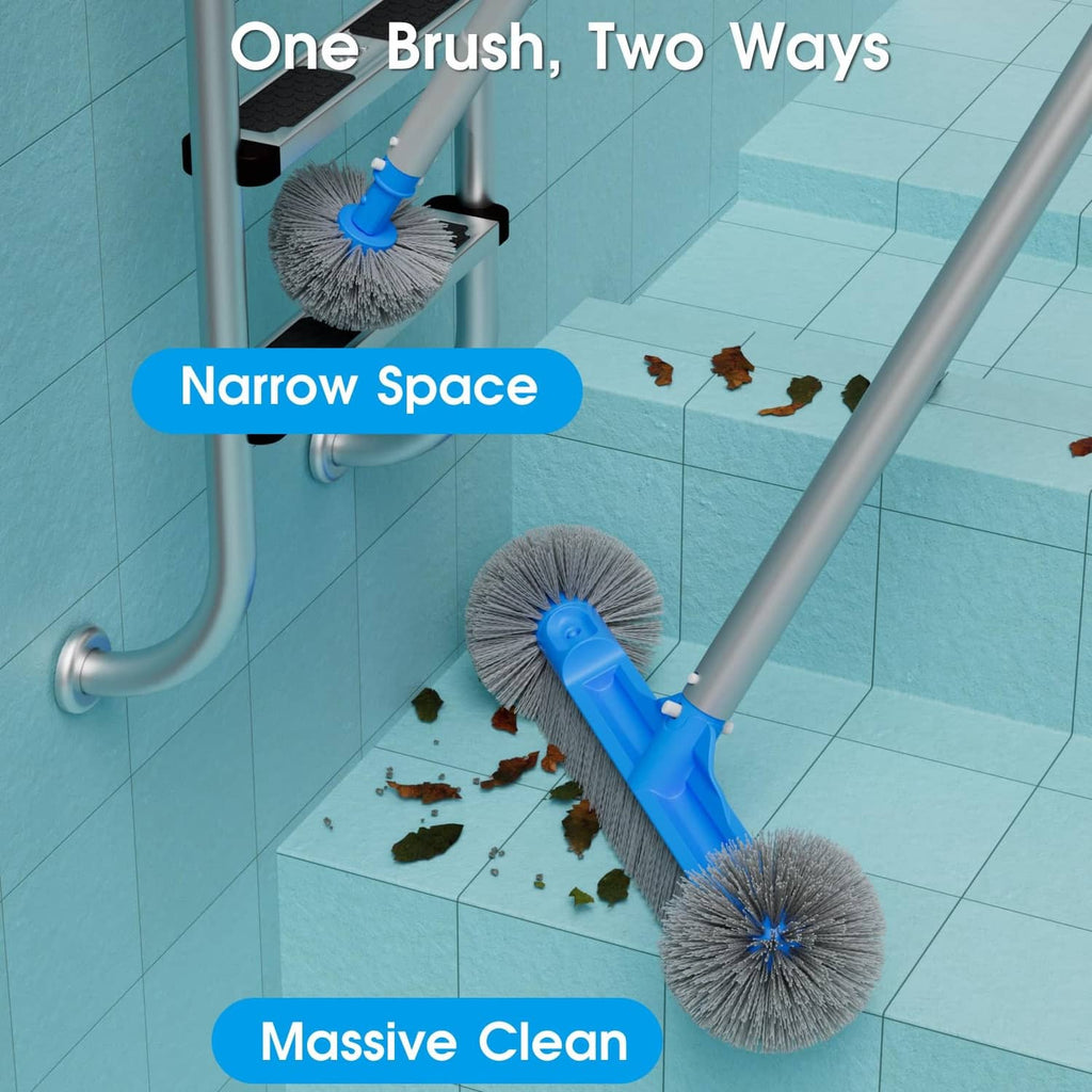 Blue pool brush with circular grey bristle head scrubbing pool floor debris