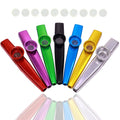 Assorted metal kazoo instruments with matching white diaphragm discs, colorful set