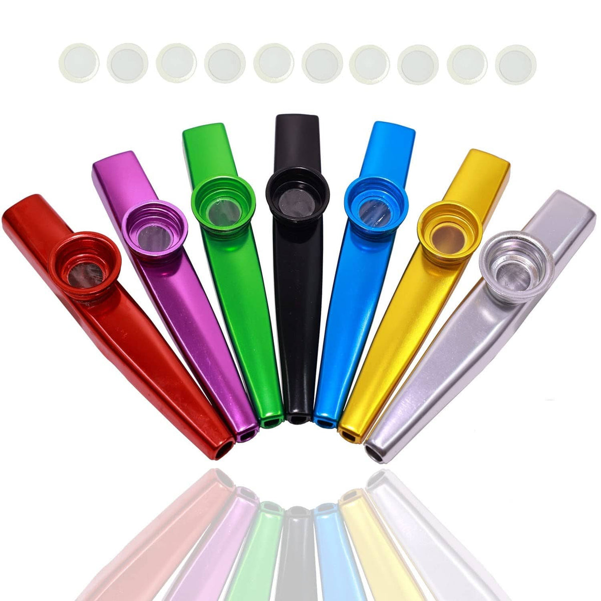 Assorted metal kazoo instruments with matching white diaphragm discs, colorful set