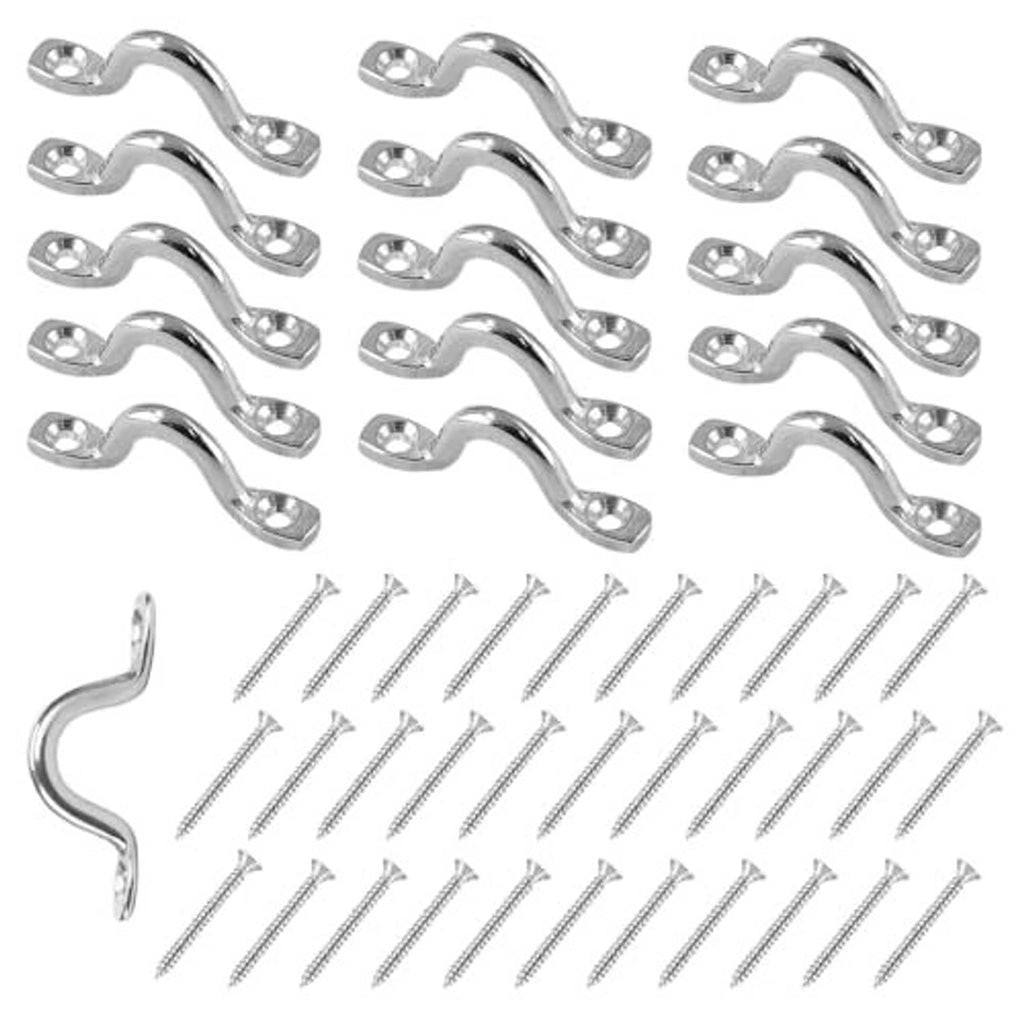 Stainless steel pad eye kit with several bow-shaped eyes and included screws, silver