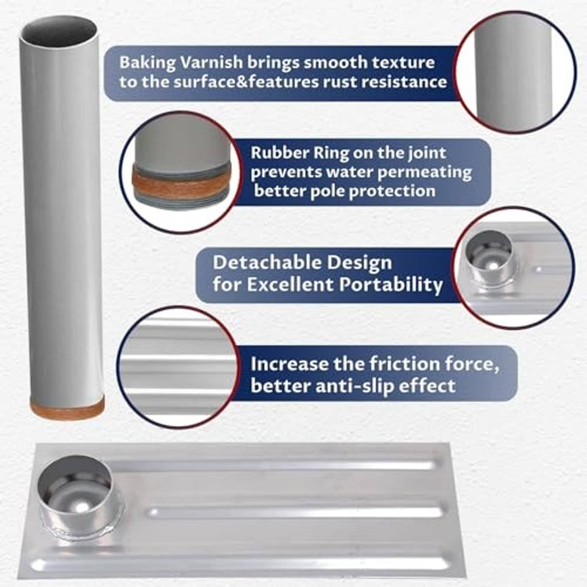 Metal flag pole tire-mount base with rubber ring joint and detachable design