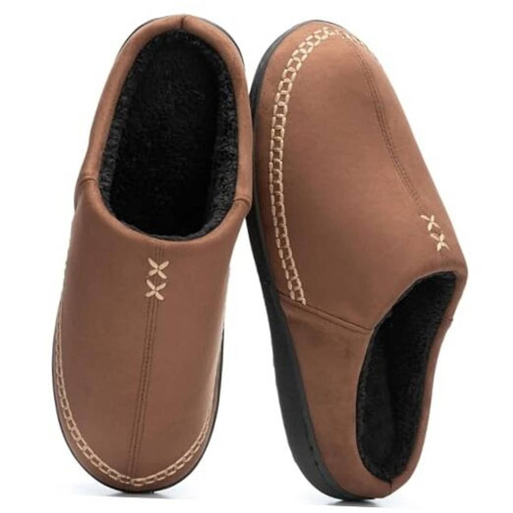 Coffee-brown slip-on moccasin slippers with black faux-fur lining and stitched trim
