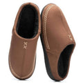 Coffee-brown slip-on moccasin slippers with black faux-fur lining and stitched trim