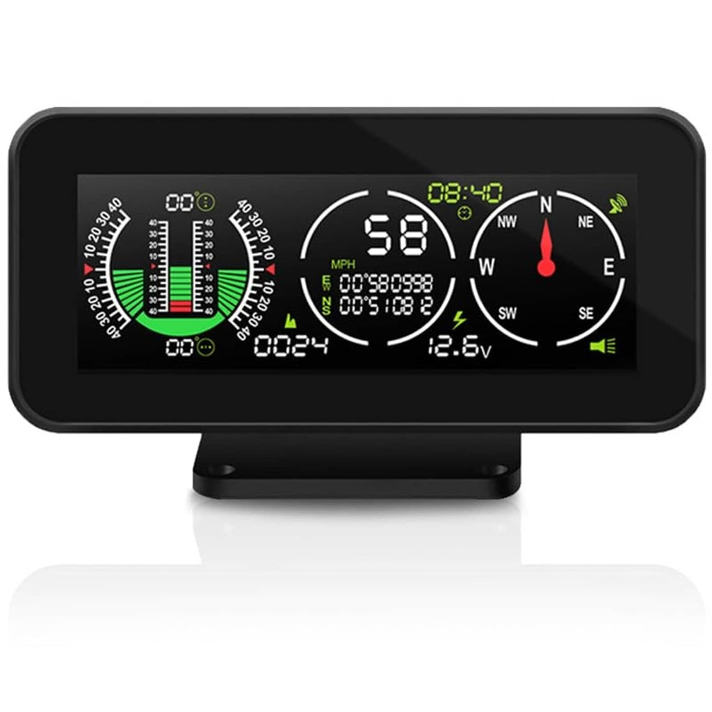 Car GPS speedometer inclinometer, black screen with speed 58, compass and voltage gauge