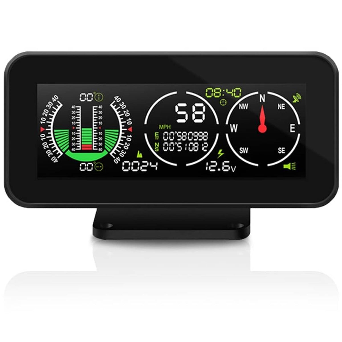 Car GPS speedometer inclinometer, black screen with speed 58, compass and voltage gauge