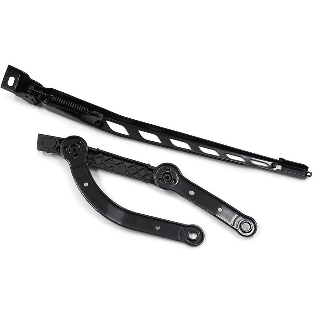 Black windshield wiper arms with long slotted bar and curved linkage.