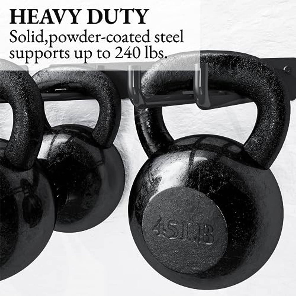 Black heavy-duty metal rack hooks holding kettlebells for weight storage