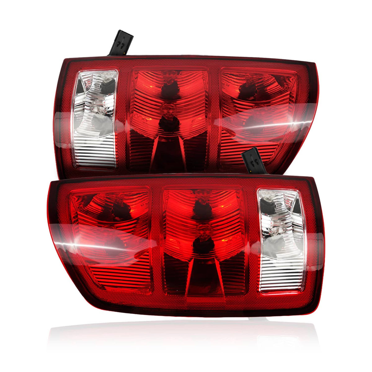 Pair of red rear taillights with clear sections and amber bulb lenses.