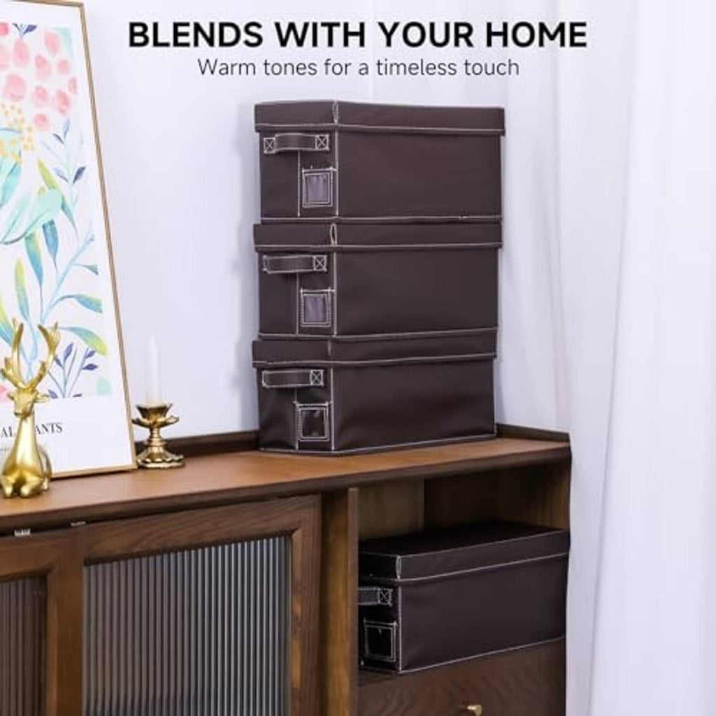 Brown faux leather CD storage box organizer with stacked compartments and two lidded boxes