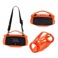 Orange silicone speaker case cover with black insert and orange carry handle straps