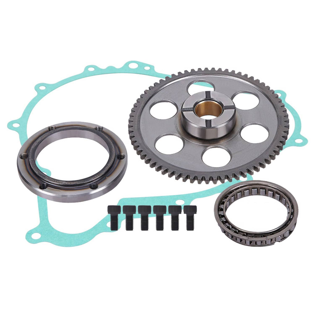 Starter clutch sprag gear idler kit with gasket, two gears, bolts, and bearing ring