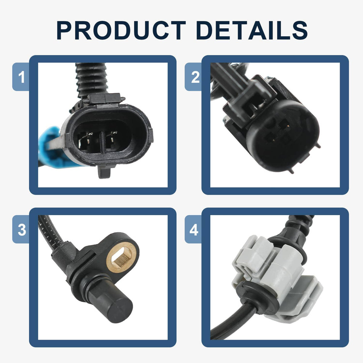 ABS wheel speed sensor connector detail, black housings with blue wiring pins