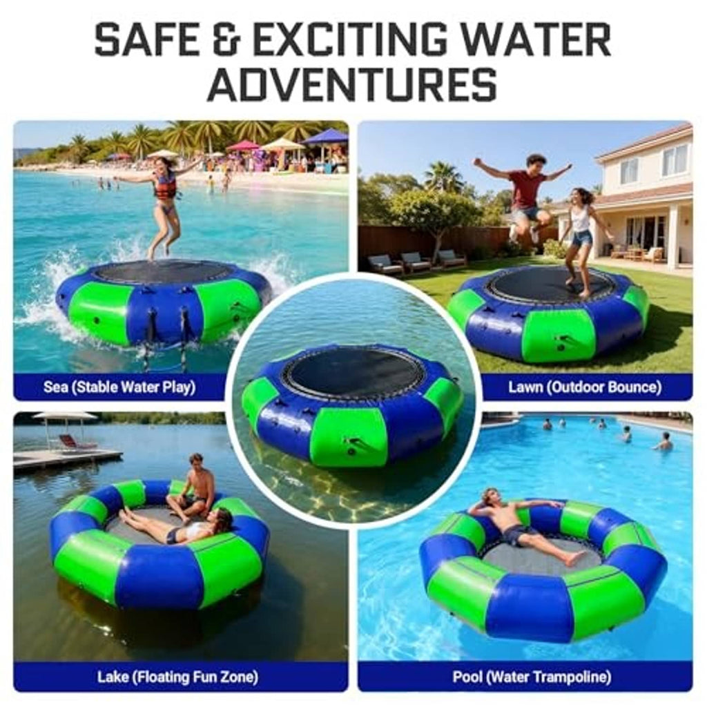 Inflatable water trampoline in blue and green with round black bounce mat