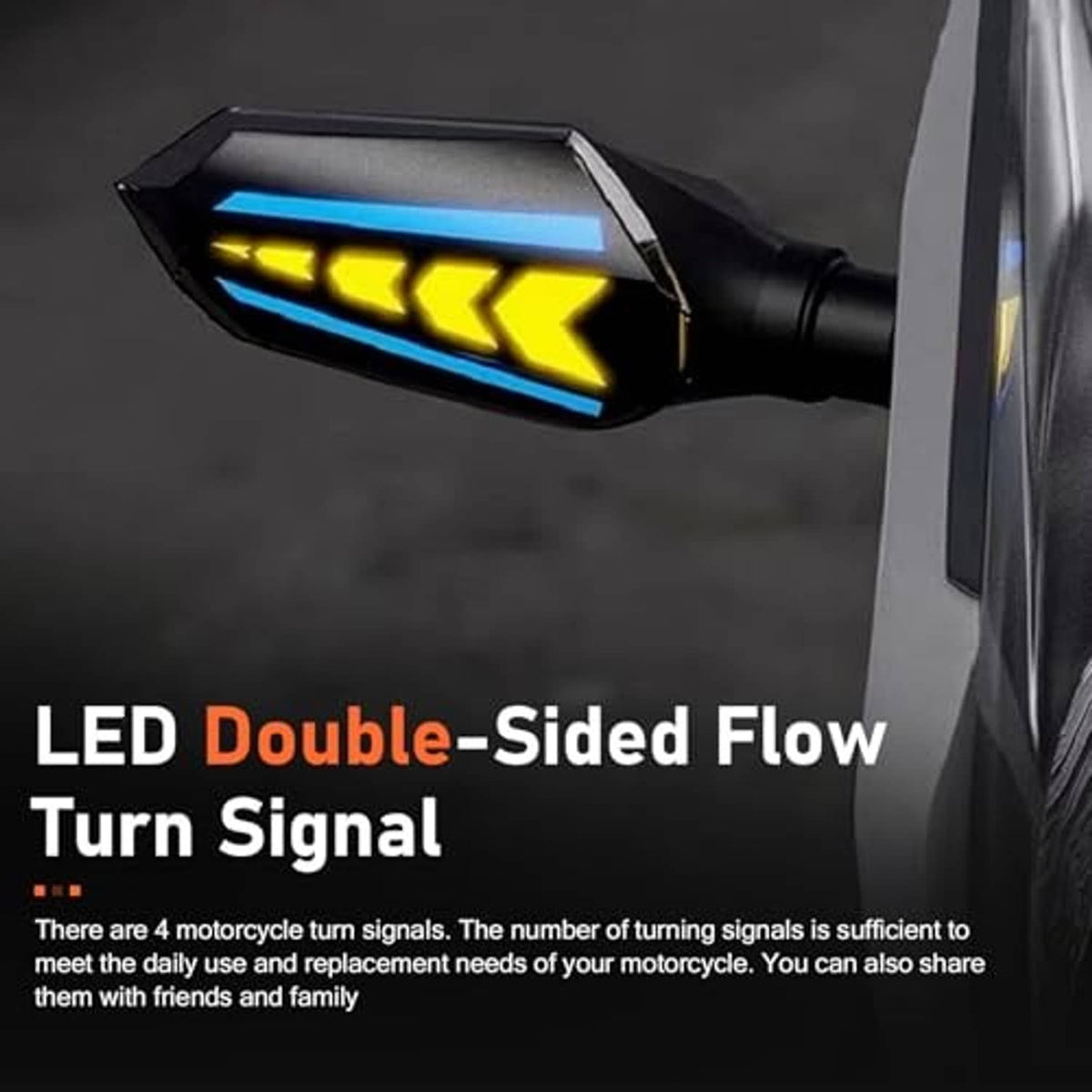 Blue arrow LED turn signal light mounted on vehicle body, glowing blue and yellow-amber