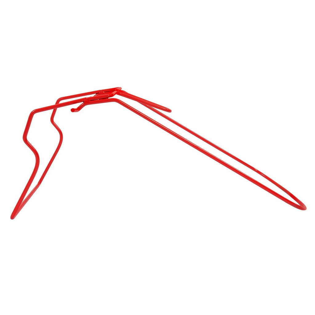 Red metal grass bag frame with long support arms and hooked mounting tabs