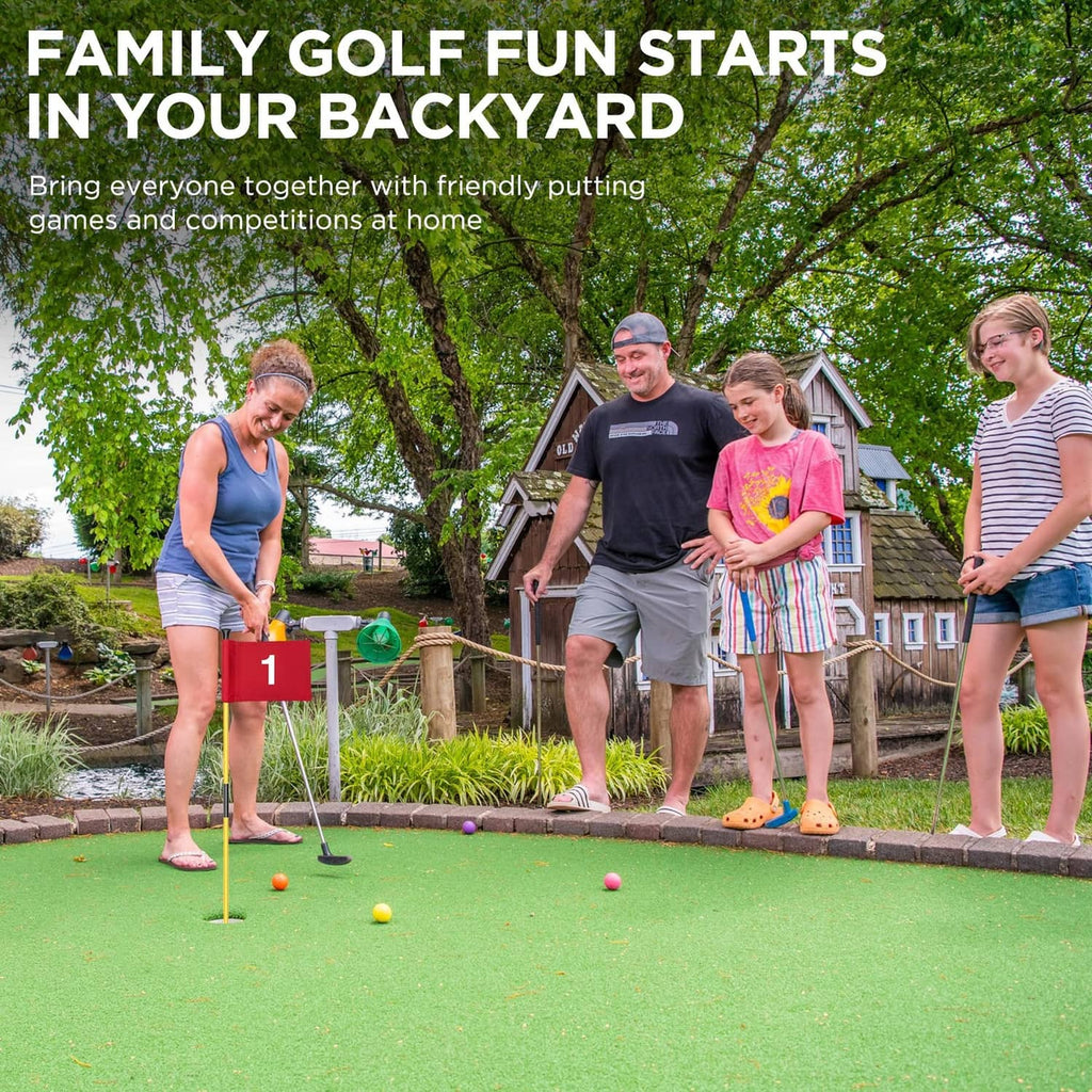 Miniature golf flagstick with red #1 flag on yellow pole during backyard putting