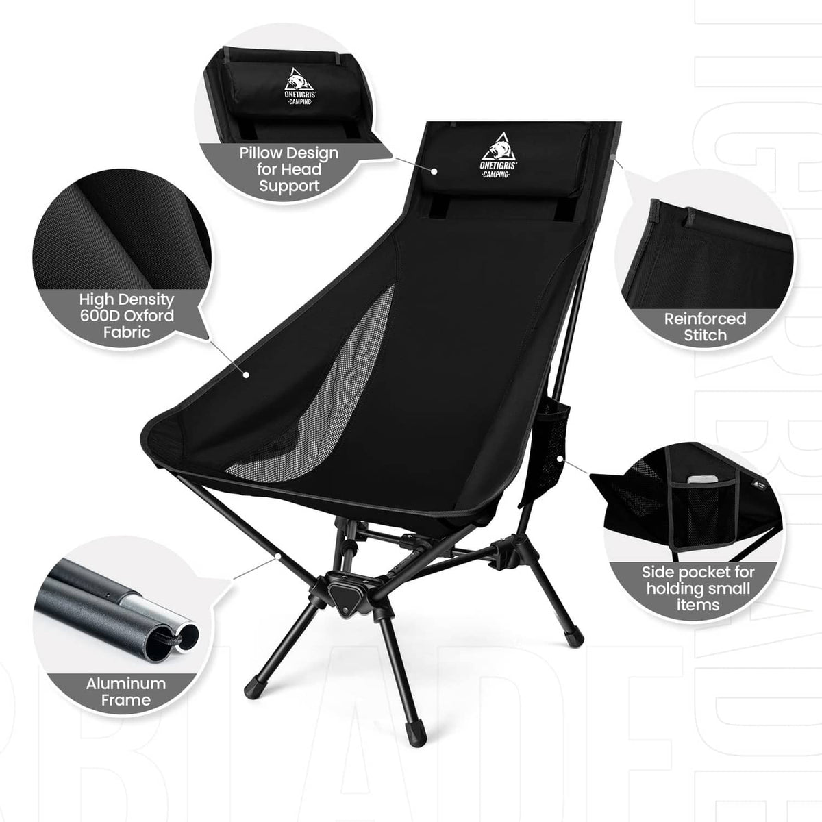 Black high-back camping chair with head pillow and side pocket