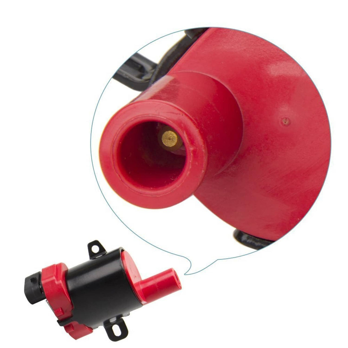 Ignition coil with red insulator boot and electrical connector