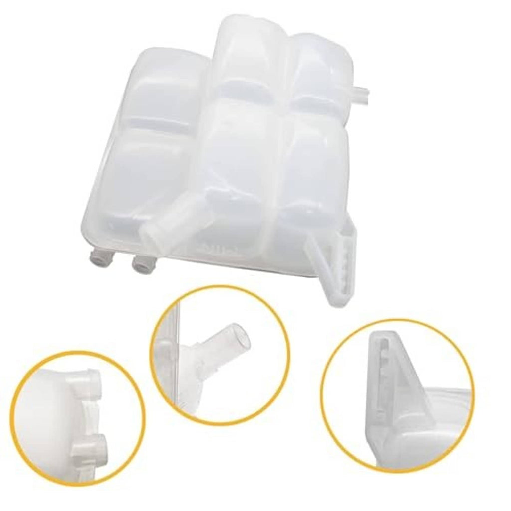 Clear white coolant reservoir tank with molded outlets and cap